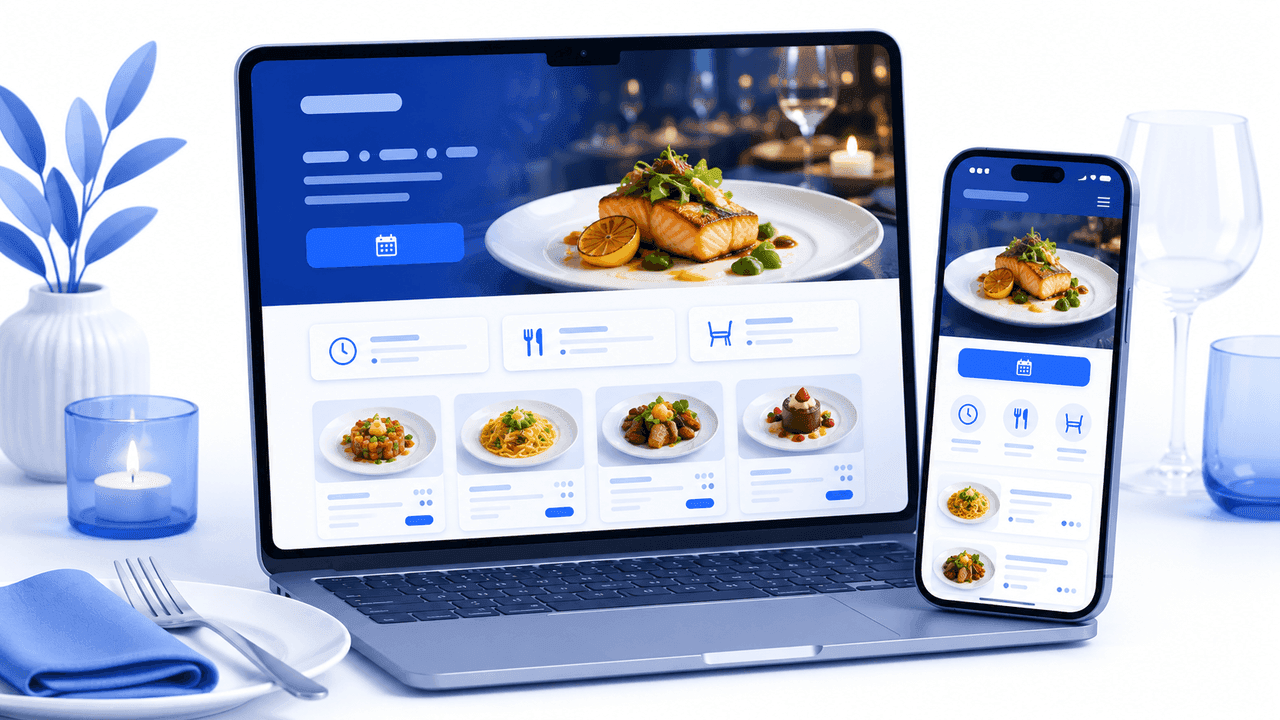 Illustration: en restaurangs hemsida med meny och bordsbokning på laptop och mobil