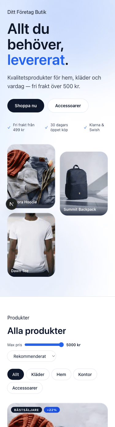 Hemsida på mobil — Sälja-butik hero